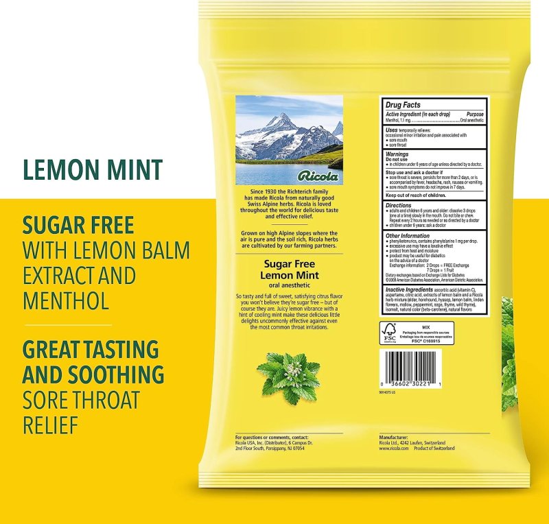 RICOLA SUGAR FREE LEMON MINT HERBAL COUGH SUPPRESSANT THROAT DROPS 105CT BAG