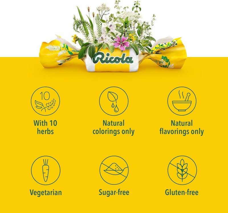 RICOLA SUGAR FREE LEMON MINT HERBAL COUGH SUPPRESSANT THROAT DROPS 105CT BAG