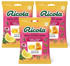 RICOLA HONEY LEMON ECHINACEA HERBAL COUGH SUPPRESSANT THROAT DROPS 19CT BAG PACK OF 3
