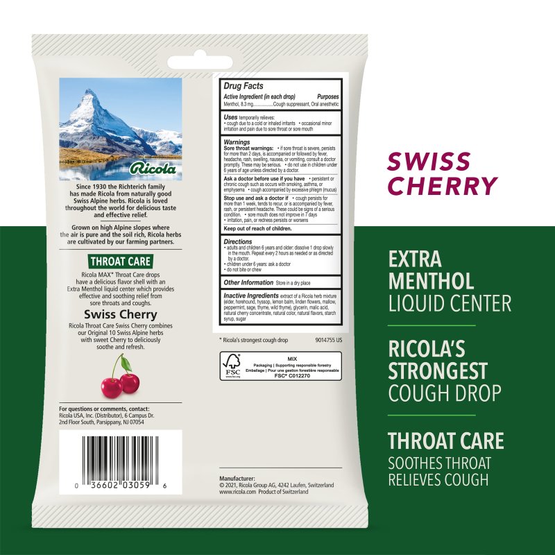RICOLA MAX THROAT CARE SWISS CHERRY COUGH DROPS 34 COUNT X2 COUGH SUPPRESSANT