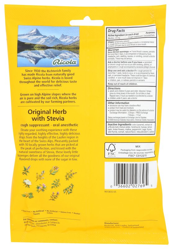 RICOLA COUGH DROP THROAT LOZENGES ORIGINAL HERB FLAVOR 45 COUNT PACK OF 3