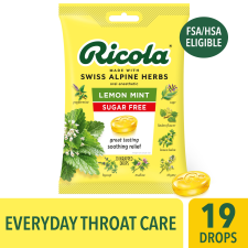 RICOLA SUGAR FREE LEMON MINT THROAT DROPS FOR REFRESHING THROAT RELIEF & ORAL ANESTHETIC 19 COUNT