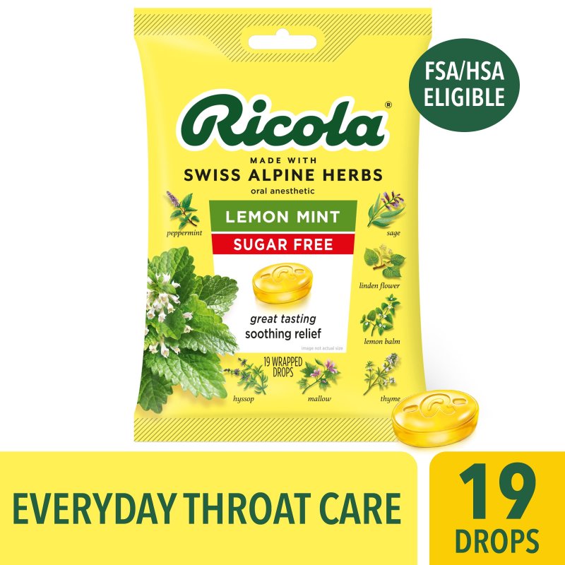 RICOLA SUGAR FREE LEMON MINT THROAT DROPS FOR REFRESHING THROAT RELIEF & ORAL ANESTHETIC 19 COUNT