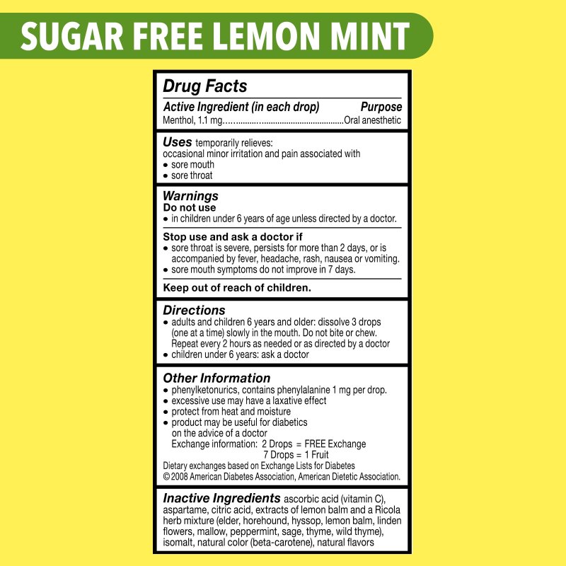 RICOLA SUGAR FREE LEMON MINT THROAT DROPS FOR REFRESHING THROAT RELIEF & ORAL ANESTHETIC 19 COUNT