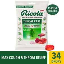 RICOLA MAX THROAT CARE SWISS CHERRY COUGH DROPS COUGH SUPPRESSANT 34 COUNT