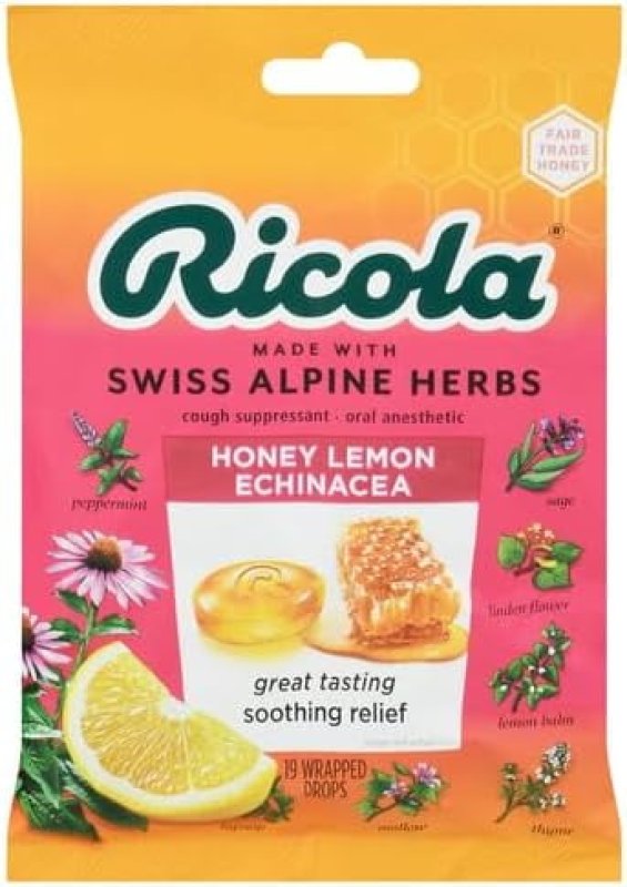 RICOLA HONEY LEMON ECHINACEA COUGH SUPPRESSANT THROAT DROPS 19 COUNT PACK OF 1