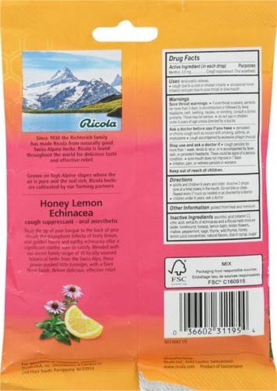 RICOLA HONEY LEMON ECHINACEA COUGH SUPPRESSANT THROAT DROPS 19 COUNT PACK OF 1
