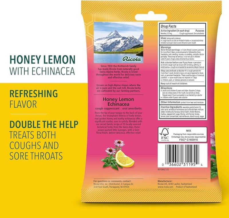 RICOLA HONEY LEMON ECHINACEA COUGH SUPPRESSANT THROAT DROPS 19 COUNT PACK OF 1