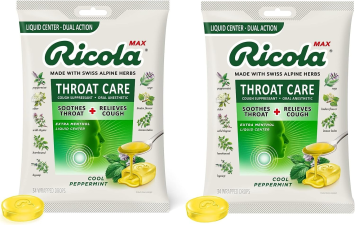 RICOLA MAX THROAT CARE COOL PEPPERMINT LARGE BAGS COUGH SUPPRESSANT DROPS DUAL ACTION LIQUID CENTER SOOTHING RELIEF 34 COUNT PACK OF 2