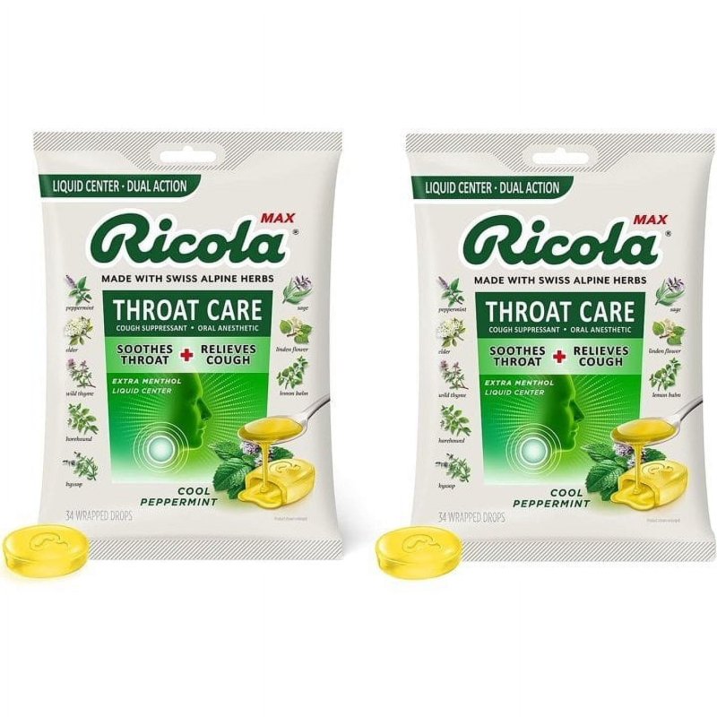 RICOLA MAX COOL PEPPERMINT THROAT CARE LARGE BAGS 34 COUNT (PACK OF 2)