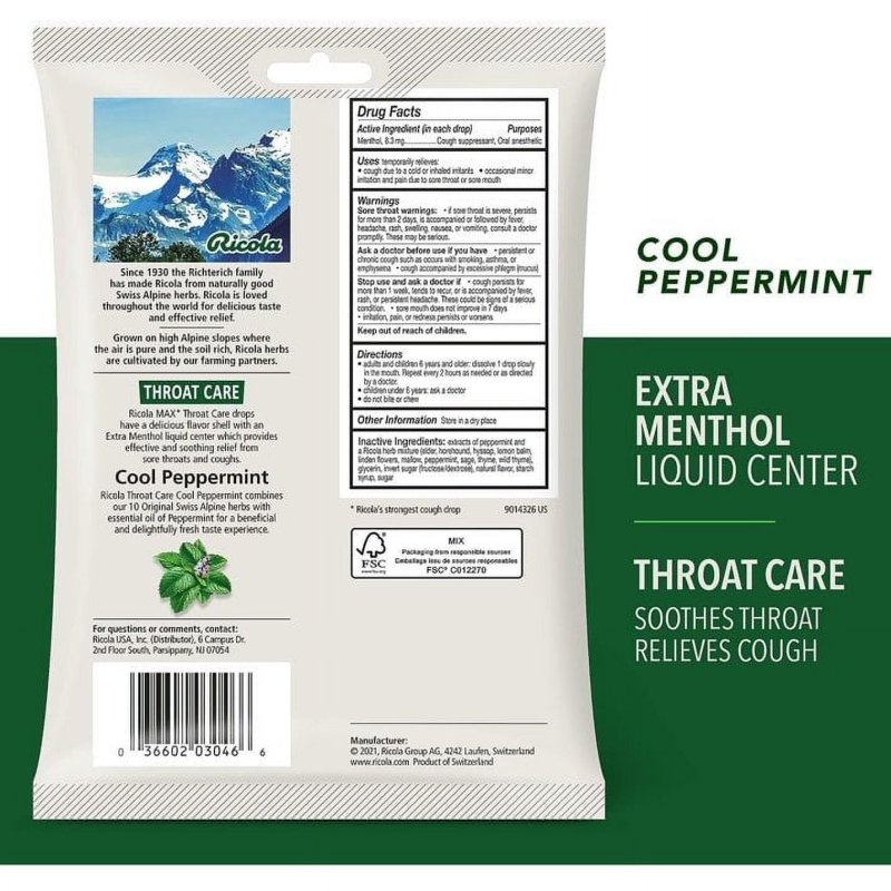 RICOLA MAX COOL PEPPERMINT THROAT CARE LARGE BAGS 34 COUNT (PACK OF 2)