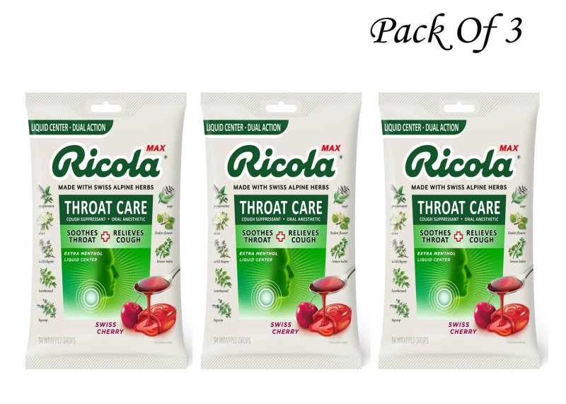 RICOLA MAX THROAT CARE SWISS CHERRY COUGH DROPS PACK OF 3 - 34 COUNT EACH - COUGH SUPPRESSANT