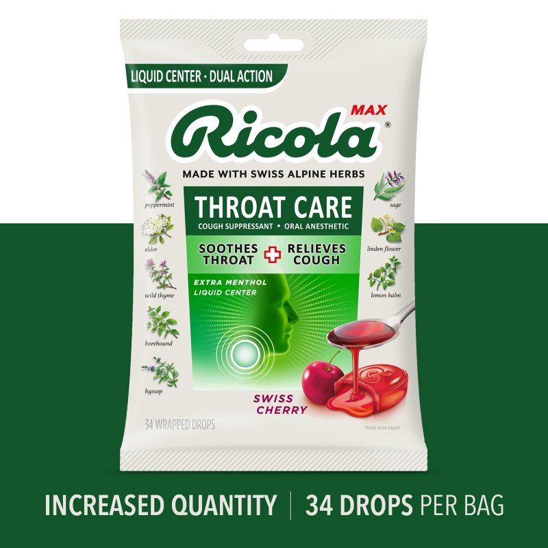 RICOLA MAX THROAT CARE SWISS CHERRY COUGH DROPS PACK OF 3 - 34 COUNT EACH - COUGH SUPPRESSANT