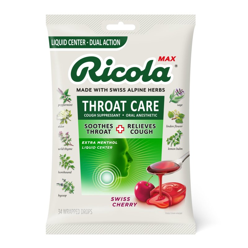 RICOLA MAX THROAT CARE SWISS CHERRY COUGH DROPS PACK OF 3 - 34 COUNT EACH - COUGH SUPPRESSANT