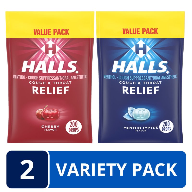 HALLS RELIEF VARIETY PACK CHERRY MENTHO-LYPTUS COUGH DROPS 2 VALUE PACKS 400 DROPS