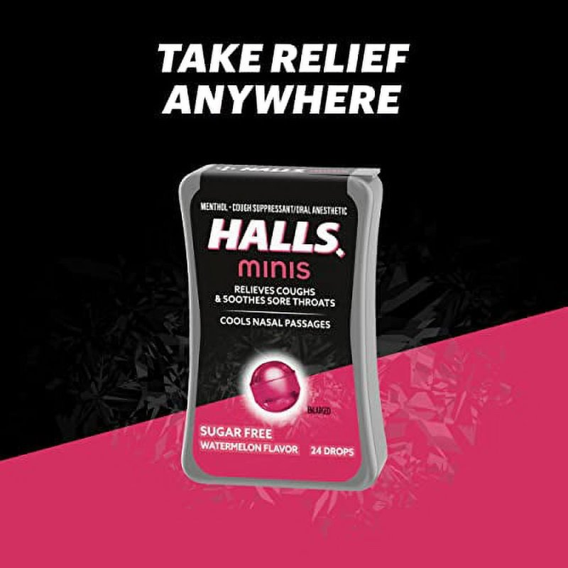 HALLS MINIS WATERMELON FLAVOR SUGAR FREE COUGH DROPS 8 PACKS 24 DROPS