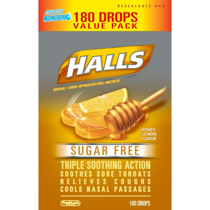HALLS HONEY LEMON HALLS SUGAR FREE COUGH DROPS 180 COUNT