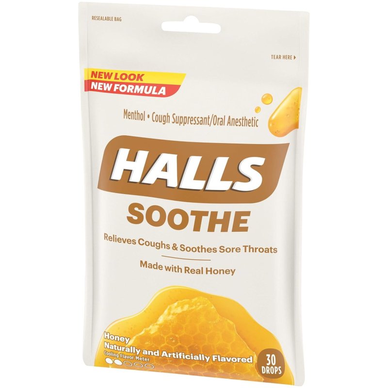 HALLS SOOTHE HONEY MENTHOL COUGH DROPS 1 BAG 30 TOTAL DROPS