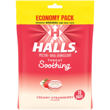 HALLS CREAMY STRAWBERRY THROAT DROPS ECONOMY PACK 70 DROPS FOR SOOTHING THROAT.