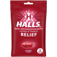 HALLS  RELIEF CHERRY COUGH DROPS 30 DROPS 4 PACK