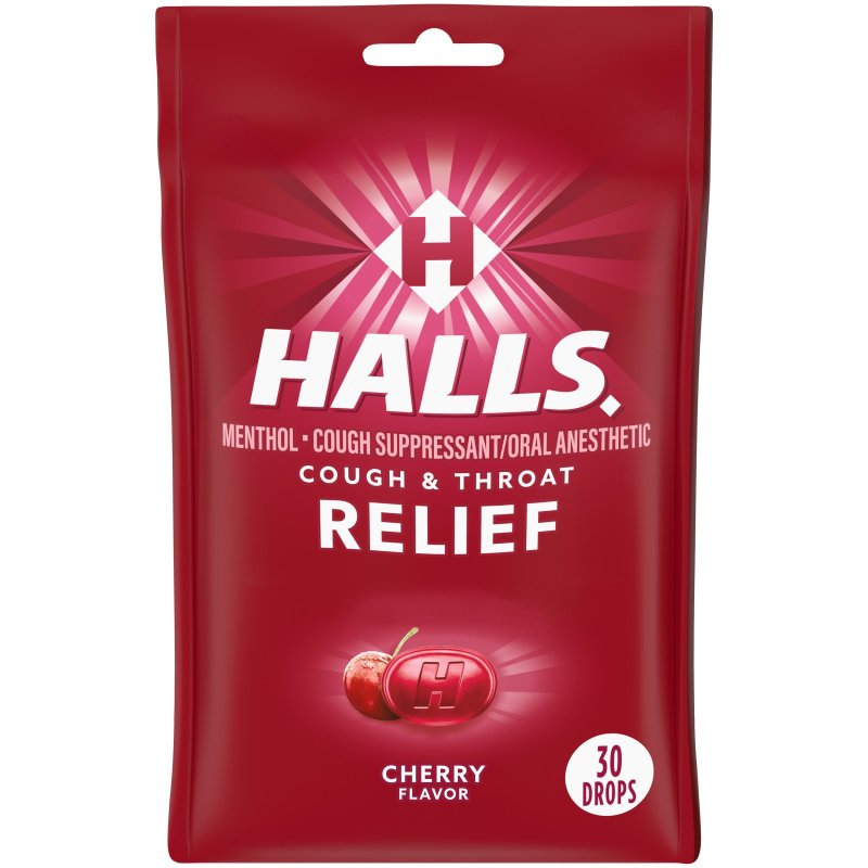 HALLS  RELIEF CHERRY COUGH DROPS 30 DROPS 4 PACK