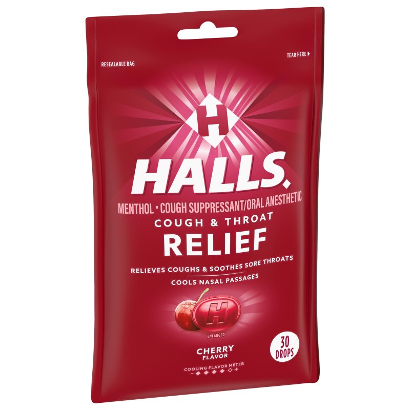 HALLS  RELIEF CHERRY COUGH DROPS 30 DROPS 4 PACK