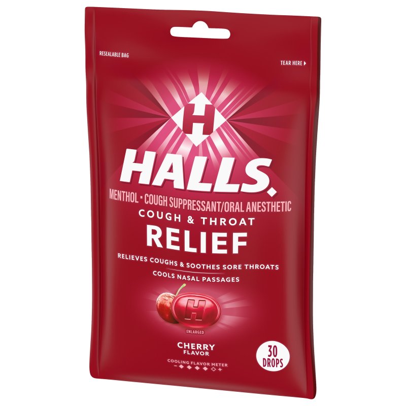 HALLS  RELIEF CHERRY COUGH DROPS 30 DROPS 4 PACK