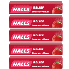 HALLS RELIEF STRAWBERRY FLAVOR COUGH SUPPRESSANT ORAL ANESTHETIC 45 DROPS (5 ROLLS)