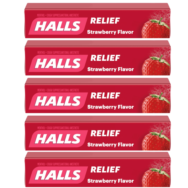 HALLS RELIEF STRAWBERRY FLAVOR COUGH SUPPRESSANT ORAL ANESTHETIC 45 DROPS (5 ROLLS)