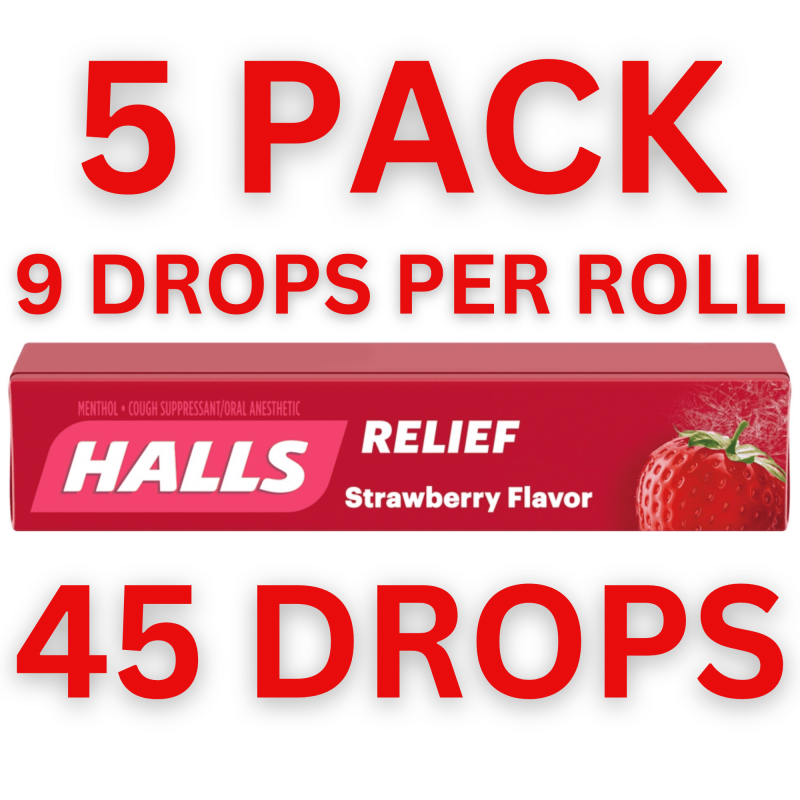 HALLS RELIEF STRAWBERRY FLAVOR COUGH SUPPRESSANT ORAL ANESTHETIC 45 DROPS (5 ROLLS)