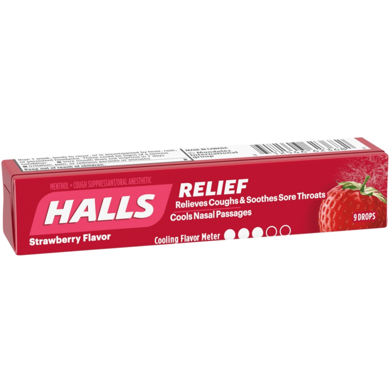 HALLS RELIEF STRAWBERRY FLAVOR COUGH SUPPRESSANT ORAL ANESTHETIC 45 DROPS (5 ROLLS)