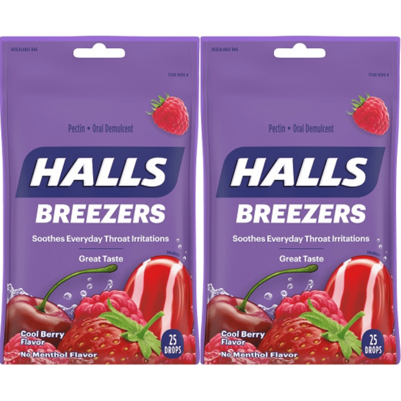 HALLS RELIEF BREEZERS COOL BERRY COUGH DROPS 25 DROPS PER PACK PACK OF 2