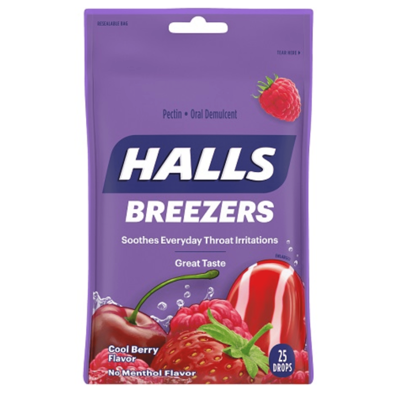 HALLS RELIEF BREEZERS COOL BERRY COUGH DROPS 25 DROPS PER PACK PACK OF 2