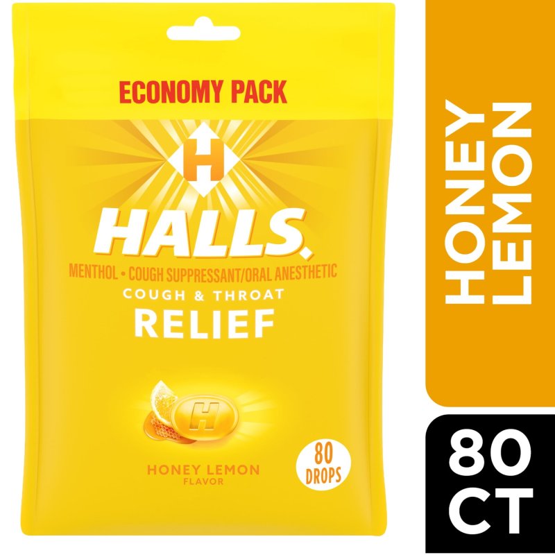 HALLS RELIEF HONEY LEMON COUGH DROPS ECONOMY PACK 80 DROPS 2 PACK