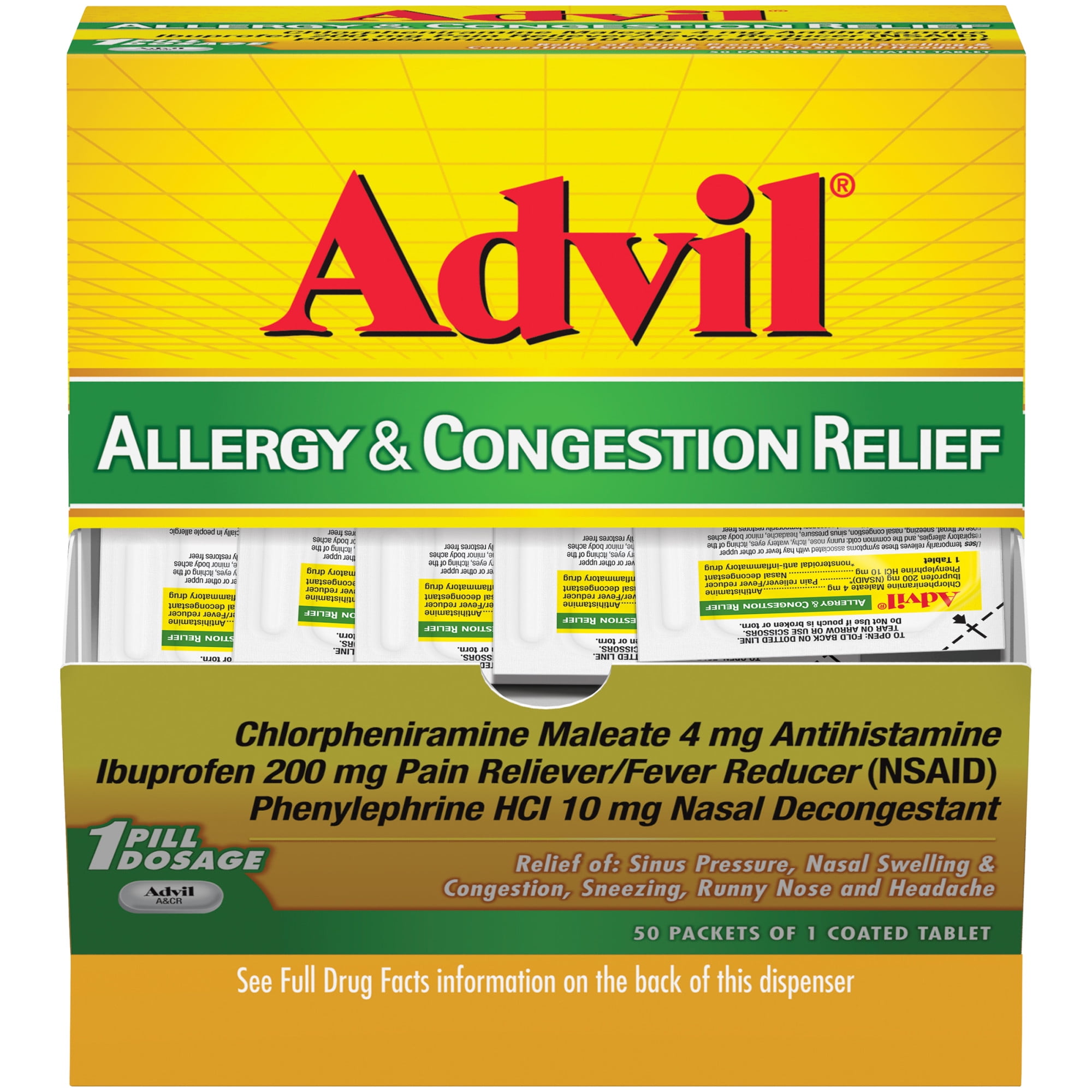 ADVIL ALLERGY & CONGESTION RELIEF TABLETS 50 COUNT PAIN FEVER REDUCER MEDICINE