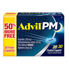ADVIL PM PAIN RELIEVER NIGHTTIME SLEEP AID IBUPROFEN PAIN RELIEF DIPHENHYDRAMINE CITRATE SLEEP AID 20+10 COATED CAPLETS