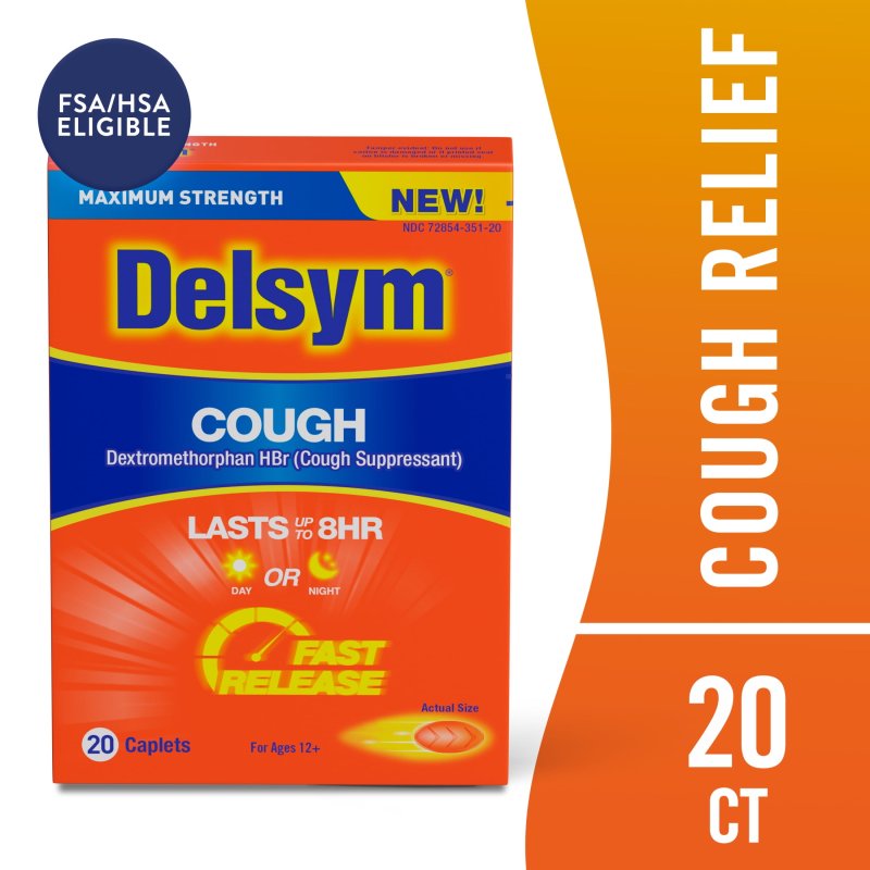 DELSYM COUGH SUPPRESSANT FAST RELEASE CAPLETS 8 HOUR DAY NIGHT 20 COUNT