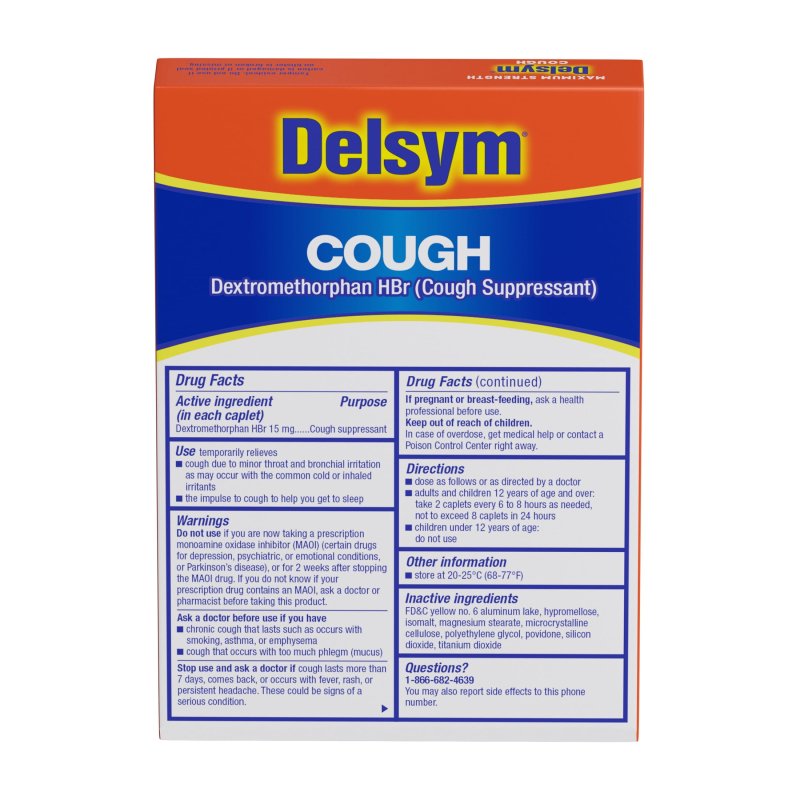 DELSYM COUGH SUPPRESSANT FAST RELEASE CAPLETS 8 HOUR DAY NIGHT 20 COUNT