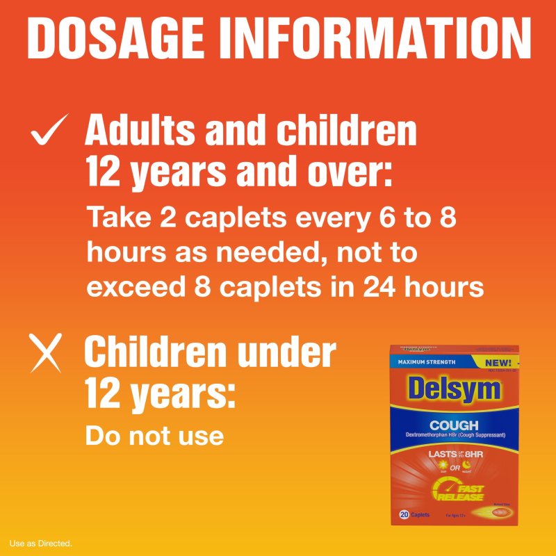DELSYM COUGH SUPPRESSANT FAST RELEASE CAPLETS 8 HOUR DAY NIGHT 20 COUNT