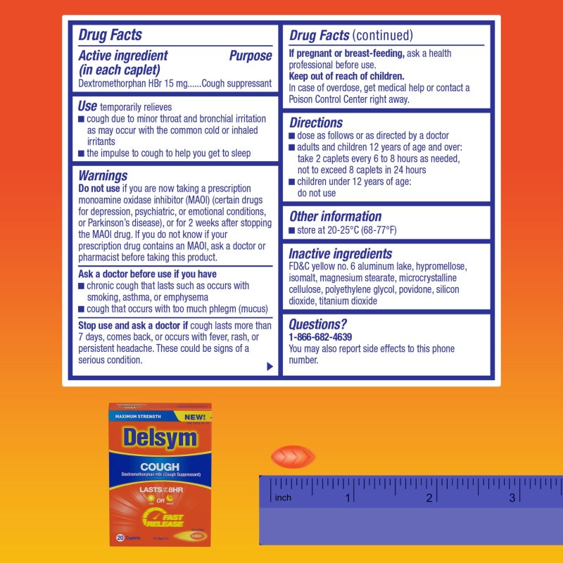 DELSYM COUGH SUPPRESSANT FAST RELEASE CAPLETS 8 HOUR DAY NIGHT 20 COUNT