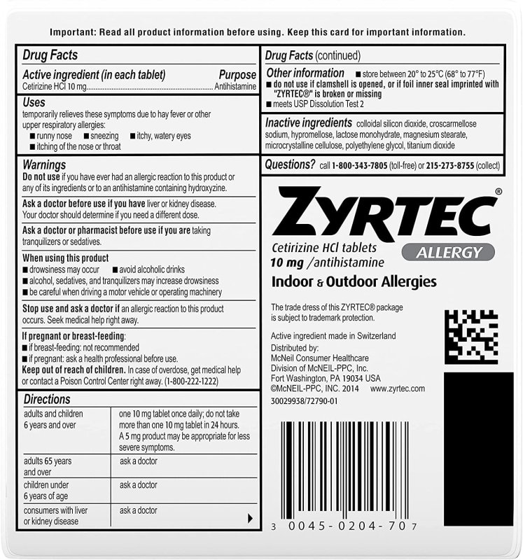 ZYRTEC ALLERGY RELIEF 10MG 70 TABLETS PACK