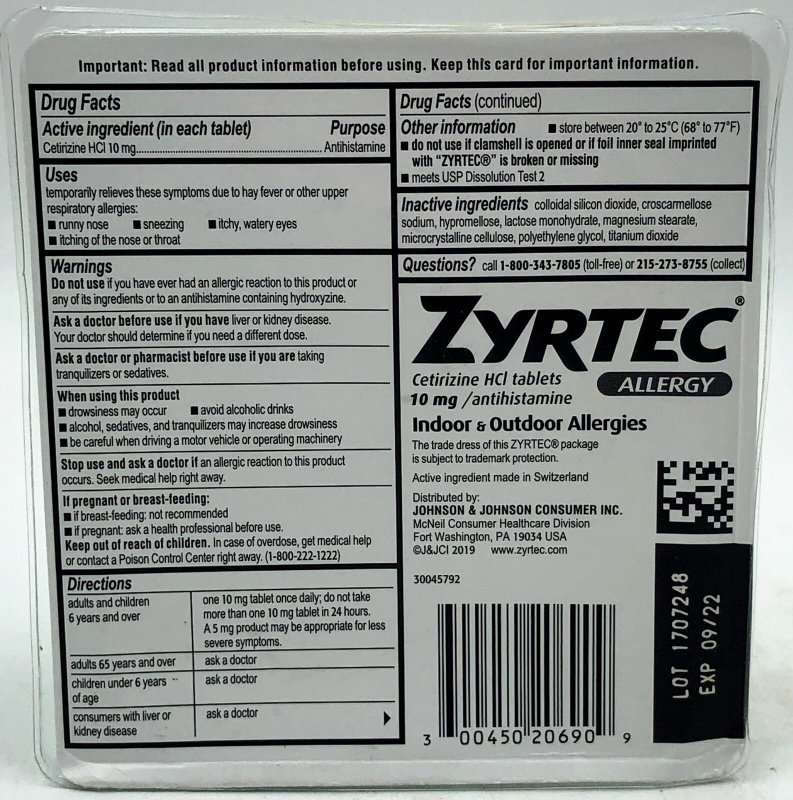 ZYRTEC 24 HOUR ALLERGY RELIEF TABLETS 10 MG CETIRIZINE HCL ANTIHISTAMINE ALLERGY MEDICINE 90 CT PACK OF 2