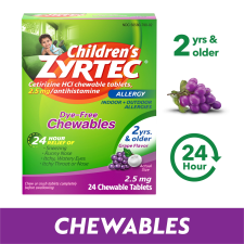 ZYRTEC 24 HOUR CHILDRENS ALLERGY CHEWS 2+ YRS 2.5 MG GRAPE 24 CT