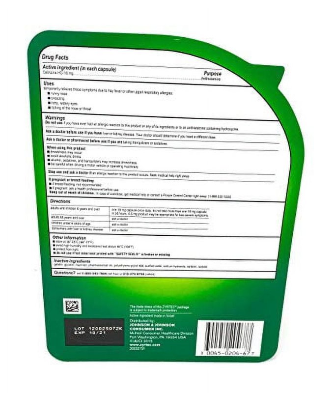 ZYRTEC CETIRIZINE HCI ANTIHISTAMINE 10MG 65 LIQUID GELS 25 + 40 ONE BOTTLE PACK