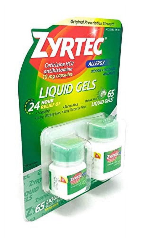 ZYRTEC CETIRIZINE HCI ANTIHISTAMINE 10MG 65 LIQUID GELS 25 + 40 ONE BOTTLE PACK