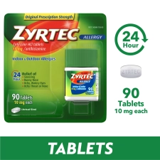 ZYRTEC 24 HOUR ALLERGY RELIEF TABLETS 10MG CETIRIZINE HCL 90 COUNT