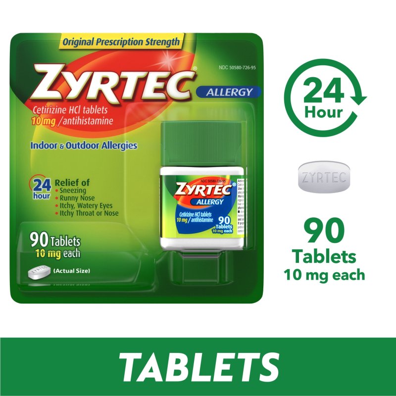 ZYRTEC 24 HOUR ALLERGY RELIEF TABLETS 10MG CETIRIZINE HCL 90 COUNT