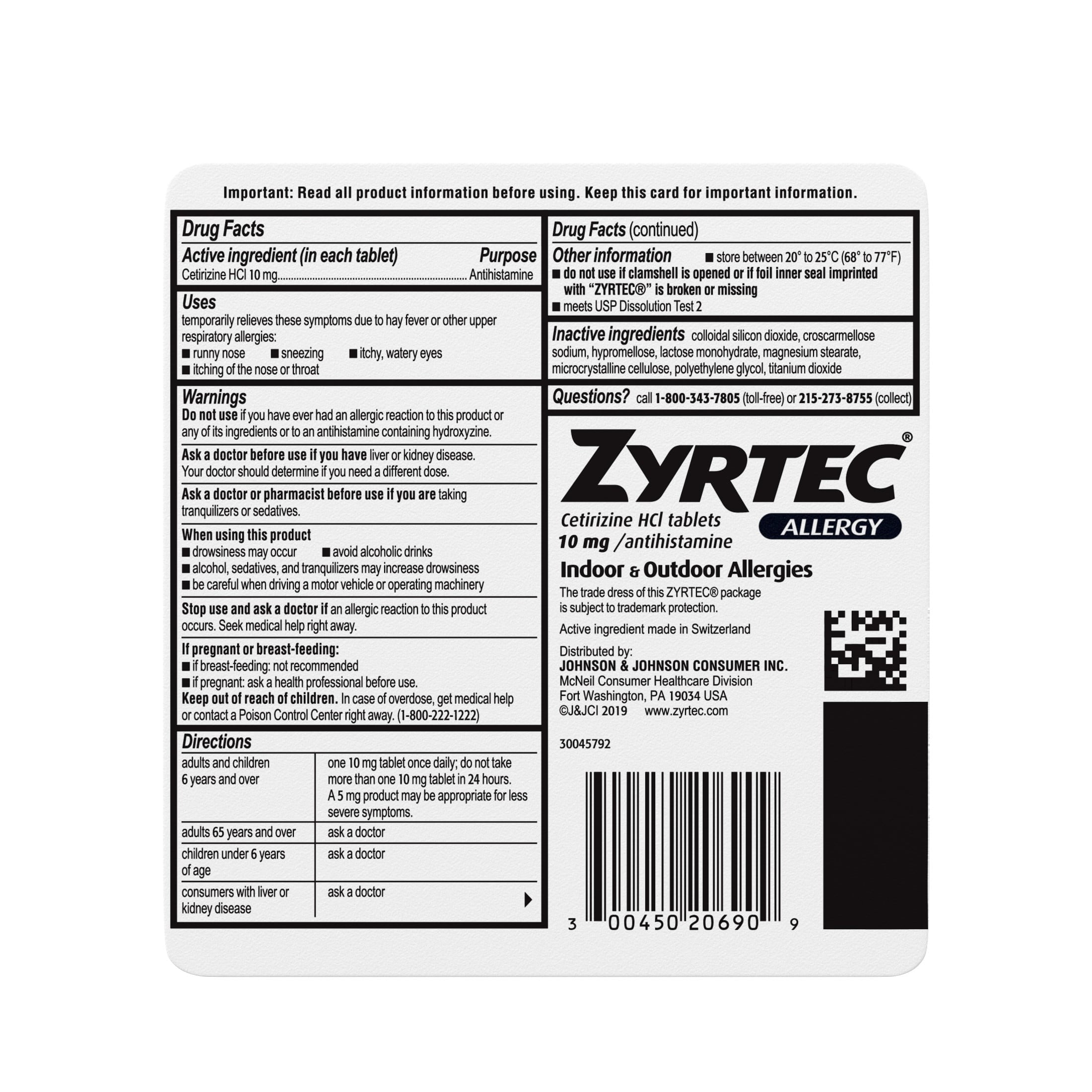 ZYRTEC 24 HOUR ALLERGY RELIEF TABLETS 10MG CETIRIZINE HCL 90 COUNT