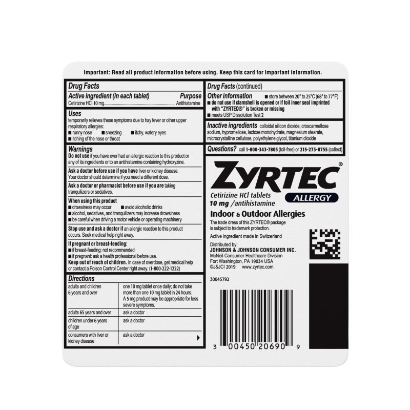 ZYRTEC 24 HOUR ALLERGY RELIEF TABLETS 10MG CETIRIZINE HCL 90 COUNT
