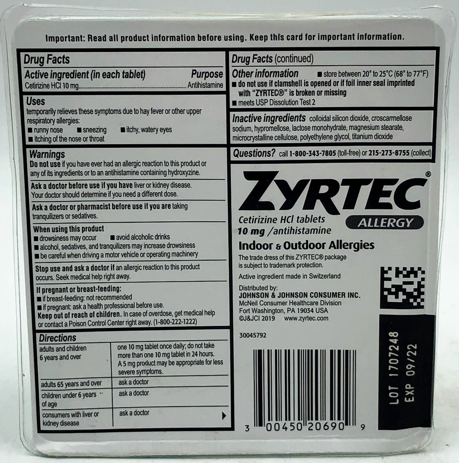 ZYRTEC 24 HOUR ALLERGY RELIEF TABLETS 10 MG CETIRIZINE ANTIHISTAMINE 90 CT